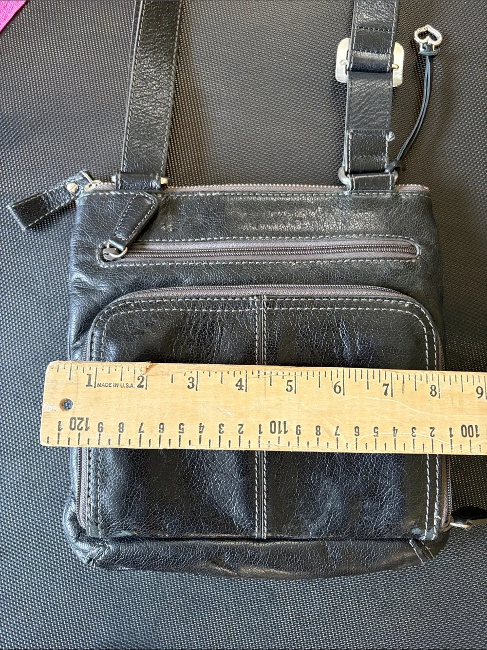 Brighton Black Leather Messenger Bag with Silver Buckle Accents